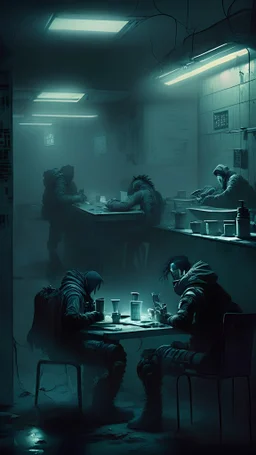 dimly lit grimy cyberpunk breakroom with few personnel