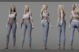 Female characters design mode sheet often have softer curves and a more hourglass figure. Consider the proportions of the bust, waist, and hips to create a feminine silhouette. full anatomy with modern cloth like jeans and t shirt.