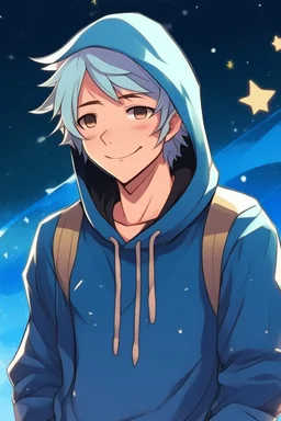 A young man with tousled pink hair and golden eyes floating among the stars wearing a light blue hoodie and black board shorts. He is smiling softly and holding a star in one hand. Anime.