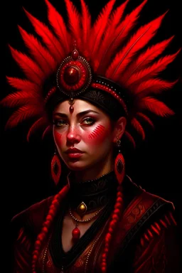 Spanish renassaince woman portrait, wearing black and red pearl masque, shell colour headdress, and extremly textured hyperrealistic renmaisance clothing maximálist epic textured concept art