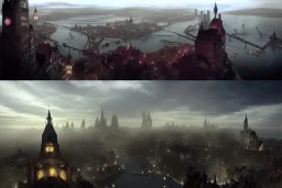 Dark city Insland+Quebec city+Gothic village +hill+canal+bridges+corner building on hill+BioShock+Dishonored+Bloodborne +trieste+Edinburgh+Chicago+victorian London+decòpunk Skyscraper+ +steampunk+biopunk+alphonse mucha, greg rutkowski,matte painting, cryengine, hyper detailed, felix kelly, fantasy art, seb mckinnon