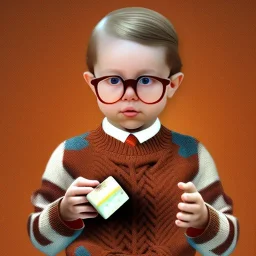 Peter billingsley chubby kid Tortoise-shell glasses, Holding a ((dark red soap bar)) in his hand, brown argyle sweater, red soap