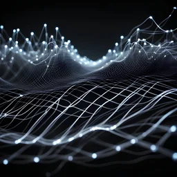 Musical Wave , Sound Wave, (Black Color) LED network lines , Realistic 3D Render, Macro, mesh, wave network, geometric, Nikon Macro Shot, Kinetic, Fractal, Light Led Points, Generative, Neural, Computer Network, Conections,