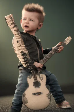 James hetfield toddler, full body, playing guitar, black leather wear, bokeh,hyper realistic