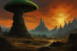 A vast, cracked plain glows gold in the alien sunset. A lone, emerald hill rises from the center, dotted with glowing runes etched on moss-covered boulders. A gnarled blackthorn clutches at its base. Above, a monstrous black tower, polished obsidian reflecting the vibrant sky, pierces the cloud cover. Strange fungi cast an eerie light on its surface. Blood-red windows pierce the darkness, while tendrils of electricity crackle around the cloud-shrouded peak.