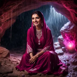 Hyper Realistic Photographic Outside View Of A Gorgeous Pashto Girl (Wearing Simple Burgundy Colored Dress With White Embroidery & Wearing Pink Dupatta On Her Neck) Happily Sitting & Smiling Boldy In A Cave With Glowing Big Crystals, With Heavy Rain Outside Cave At Dark Night Showing Dramatic & Cinematic Ambiance.