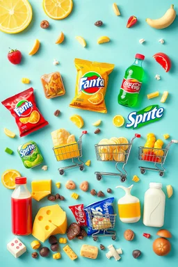 A design filled with various fruit juices, chips, Fanta, Coca-Cola, Sprite, various chocolates, shopping carts, cheese, butter, pasteurized milk, and dairy products in bright, cheerful, and eye-catching colors.