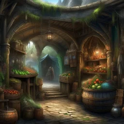 The age old entrance portal to a market for magical items. Magical, Epic. Dramatic, highly detailed, digital painting, masterpiece, lord of the rings, the hobbit