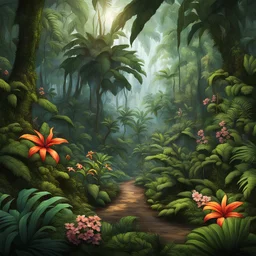 Un bosque tropical compacto superrealista con algunas flores.