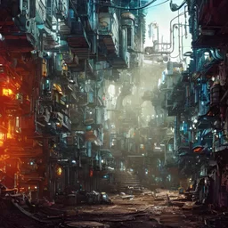 A beautiful ultra detailed concept art landscape of the underbelly of a cyberpunk city black market alley way on an alien planet, dirty and robust, cool color scheme by Pixar, dan mumford, beeple, sparth, andreas rocha john howe, and Martin Johnson Heade, concept art wallpaper, featured on conceptartworld, cinematic lighting, landscape photography composition, f16, night time, unreal engine, trending on behance, featured on artstation