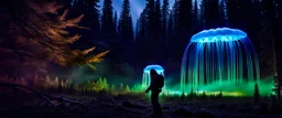 Bigfoot epidemiologist investigating, giant bio luminous Rainbow floating high JellyFish, Medium closeup, Epidemiologist yeti inspecting the organism, light floating in a forest, mist, light trails, nighttime, long exposure, Treeline, Alberta, scientist, Dystopian, Hyper detailed, Realistic, Extreme depth of field, bokeh blur, Alberta all-natural, National Geographic, in the style of candid, imperfection, natural lighting, cinematic, Fuji Film, Anamorphic lens, 2040s, --ar 4:5 --w 150 --style ra