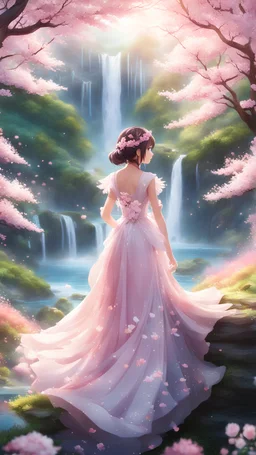 Create an enchanting digital illustration featuring a spring anime girl amidst a breathtaking paradise view. Set the scene in a lush, blooming landscape adorned with vibrant cherry blossom trees, cascading waterfalls, and colorful wildlife. The anime girl, exuding youthful charm and elegance, stands at the forefront, surrounded by a symphony of pastel hues and delicate petals dancing in the gentle breeze. Infuse the artwork with the joy of spring, capturing the girl's radiance and the idyllic be