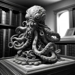 a statuette of a tentacled absurd pig cult greyscale found in an old library