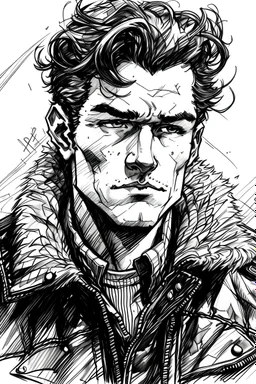INK DRAWING by Enki Bilal and Luis Royo: Headshot portrait of a gorgeous 20-year-old Italian male pilot, WWII bomber jacket with furry collar = intricate details, monochrome comic book style, sharp image, high contrast, UHD, 4k