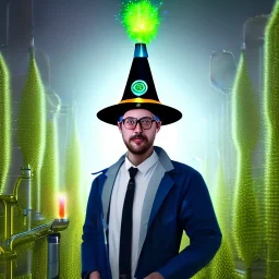 portrait of optimist scientist in lab coat, metal road cone plasma mad hat ,cell towers overgrown with plants, autmn, mist,sparks flying, spotlights, spray paint art, book , 4k, high detail