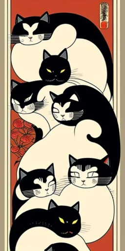  a group of cats that are on top of each other, a poster by Nōami, ukiyo-e, anime aesthetic, minimalist.