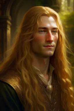 A young serene Lord Of The Rings like man with long golden hair that cascades gracefully. His open eyes, with blind pupils, reflect a depth of wisdom and inner peace. A gentle smile graces his face, adding warmth to his tranquil demeanor.