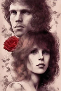 Jim Morrison and Pamela Courson ,music, NSFW, watermark, bohemian style , blurry,beautiful faces,elegant,roses, art by anna dittman