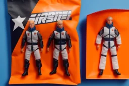 Mike pence G.i. Joe toy doll Space force uniform inside a blister packaging hanging on a Wallrack in toystore, fluorescent orange, toy guns, wide angle shot whole body, black moonboots, fullsize, bright green pricetag,