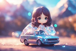 cute chibi anime sensual brunette girl next to a chibi car, holographic, transparent sparkling crystal mountains in sunshine, ethereal, cinematic postprocessing, bokeh, dof