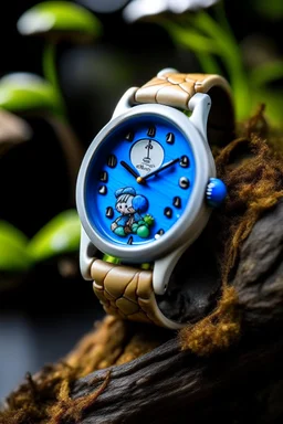 "Design a Smurf Watch that takes inspiration from the natural world of the Smurfs, with a wooden watch face featuring forest motifs, mushrooms, and tiny critters."
