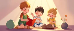 illustration of preschool children playing. fantastic lighting, cute amine children's book proportions