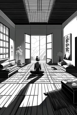 Meditation space inside, interior, manga style, black and white, Japanese culture