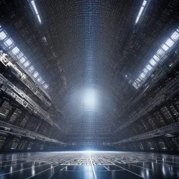 Bigger! Wilder! Whoa! this spaceship, an hybrid between code and metal: a gigantic metallic structure covered by cryptic code. The metallic surface gleams in the space void, reflecting the harsh rays like a mirror. The cryptic code, a language unknown to any human, glows softly, pulsating with an otherworldly energy.
