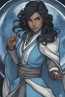 Drawing of Korra the Avatar as a female Moonelf twilight cleric with black, very curly, very short hair and blue eyes, wearing gray robes. Etheral, muscular.