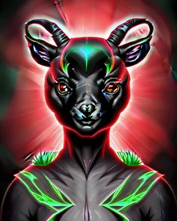 Comic book art style black lamb with red eyes, contrasting green meadow, cartoonist, digital portrait, dark fantasy, black iridescent skin, holographic, shiny, PVC texture, wet look, anime, gothic