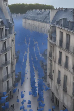 Dystopian French city with wmpty streets filled with blue flags