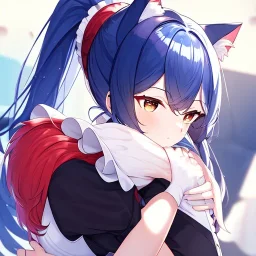 Clear Focus, High resolution, wearing a maid uniform, fluffy hair and a long ponytail, blue hair, cat ears, meowing, hugging another girl with red long fluffy hair also wearing a maid outfit, looking at you