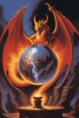 a slim dragon with huge wings attacks a crystal ball full of magic fire. perfectly drawn claws. fantasy setting. painted by Jeff easley