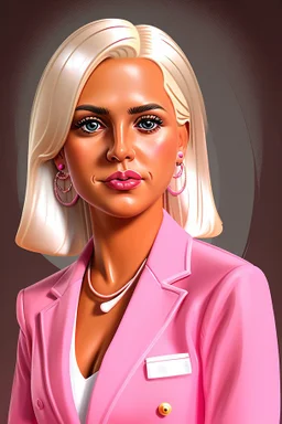 Extremely rich young female politician portrait in all pink outfit, blonde hair and tan skin