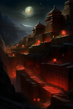 View of an ancient walled city sitting in a canyon as viewed from the rim of the canyon, the city is lighted by torches placed along the walls with windows high upon the wall, One window has a scarlet cord draped out reaching the ground, the sky is dark and surrealistic with planets and moons on the horizon, the rim of the canyon has armored soldiers laying in wait while 2 spies work their way down to the outside of the city wall where the scarlet cord hangs from the window above a cross