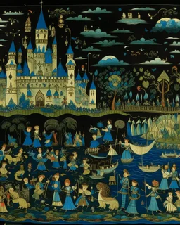 A blackish teal festival at night designed in medieval tapestry painted by Alan Sorrell