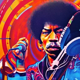 a realistic portrait of Jimi Hendrix at a turntable with headphones on being a DJ, vivid color