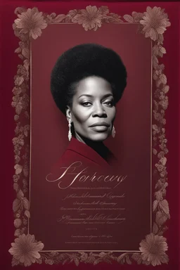 An extremely formal, funeral program written in French for a woman (include a front photograph of a beautiful lightly tanned elderly biracial black woman) on darkest red deeply pigmented velvet paper with brilliant, brightest heavy bright shining platinum calligraphy fonts, simple, minimalistic, less element, very dramatic lighting, brilliant colors,