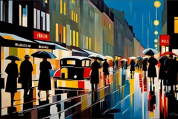 hustle and bustle in rain in Berlin 1925; impasto painting in Bauhaus style, cinematic, dramatic, dynamic, ((great verticals)), ((great parallels)), amazing reflections, excellent shadows, perfect translucency, sharp shadows, (wild contrasts), (vivid bold colors)