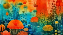 An orange colored underwater reef with jellyfish painted by Paul Klee