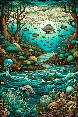 Design an otherworldly ocean dreamscape featuring surreal elements such as floating islands, ethereal sea creatures, and cosmic reflections in the water. Craft intricate details that invite creative coloring, combining both the mysterious depths of the ocean and the dreamlike quality of a fantastical landscape. a mesmerizing and visually stunning under for coloring book