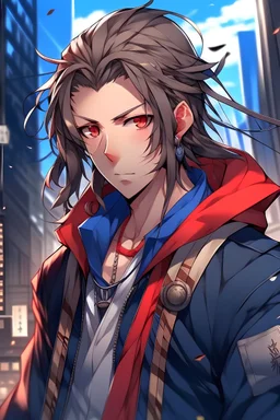 Anime male, age 18, short thick length dreadlocks, dark brown natural hair color, black and red techwear jacket, golden eyes, lean slim muscular body, blue energy, Tokyo Revengers artstyle, pale brown skin complexion