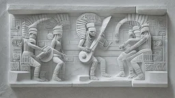 futuristic, realistic,tecno musicians, mayan drawings on white stone