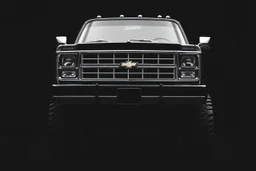 front corner 1973 Chevrolet square body truck 4x4 facing a little to the left, dark gray background, high contrast black and white vector