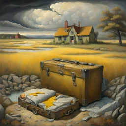 Surrealism in the style of Alex Alemany, a beach, an old open battered, dirty suit case sitting open near the water, inside the suitcase Kincaid landscape of a yellow farmhouse estate called Merrill House in Andover Maine, gate to a stormy valley in the middle of a meadow,Jean-Baptiste Monge style a surreal artwork that depicts a scene within a cracked open half-circular world. The edge of the circle is decorated with rocks and a tree that grows out of the sides..A group of elderly women walks a