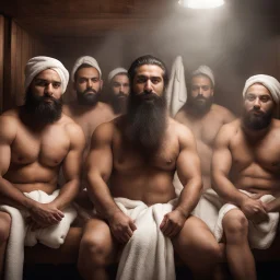 close up photography of a group of turkish and marocan 33 years old ugly chubby muscular men embraced, manly chest, covered with the towel at the hip, long beard, shaved hair, photorealistic, manly legs, manly arms, sitting in a steamy sauna, clouds of steam, side light