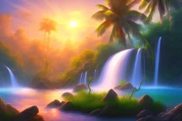 island waterfall palms twigs bubble spring sunset rainbow