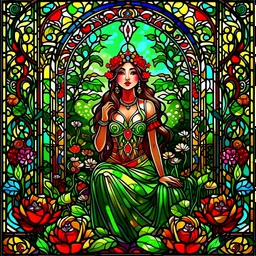 Stained Glass Art Nouveau art style A beautiful as a model asian woodland elf princess who looks like a young Lucy Liu seated on a throne surrounded by poppies and marijuana leaves in a mystical forest, photo-realistic