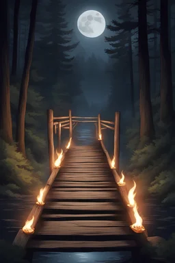 A wooden bridge above a river in the forest at night with fire torches on each side,A wooden bridge in the forest at night with fire torches on each side,a wild forest ,The staircase stands unwavering, a symbol of strength and endurance. It provides a path towards solace and safety, guiding the child towards the distant moon. As they climb higher, their eyes fixated on that ethereal destination, they embody the undying spirit of resilience and the unwavering pursuit of a better future. A dark an