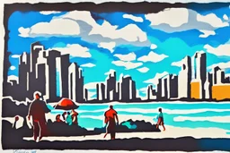 Sunny day, people, rocks, sand, distant modern city, stencil painting with color